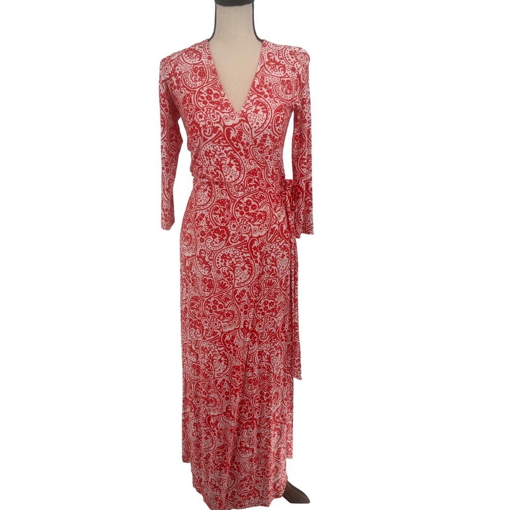 Boden Wrap Dress Women 4 Red Paisley 3/4 Sleeve Maxi Length